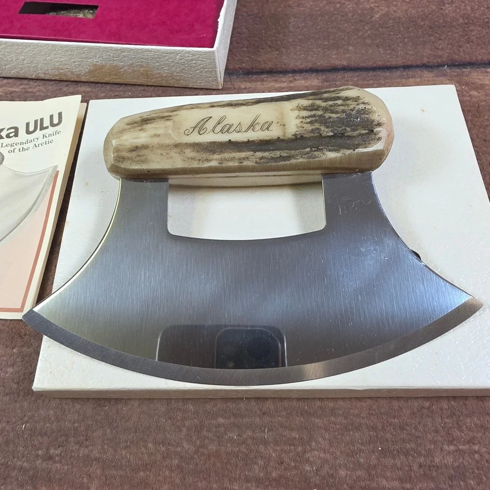 The Ulu Factory Alaska Ulu Knife Antler Handle Silver Excellent Boxed Set
